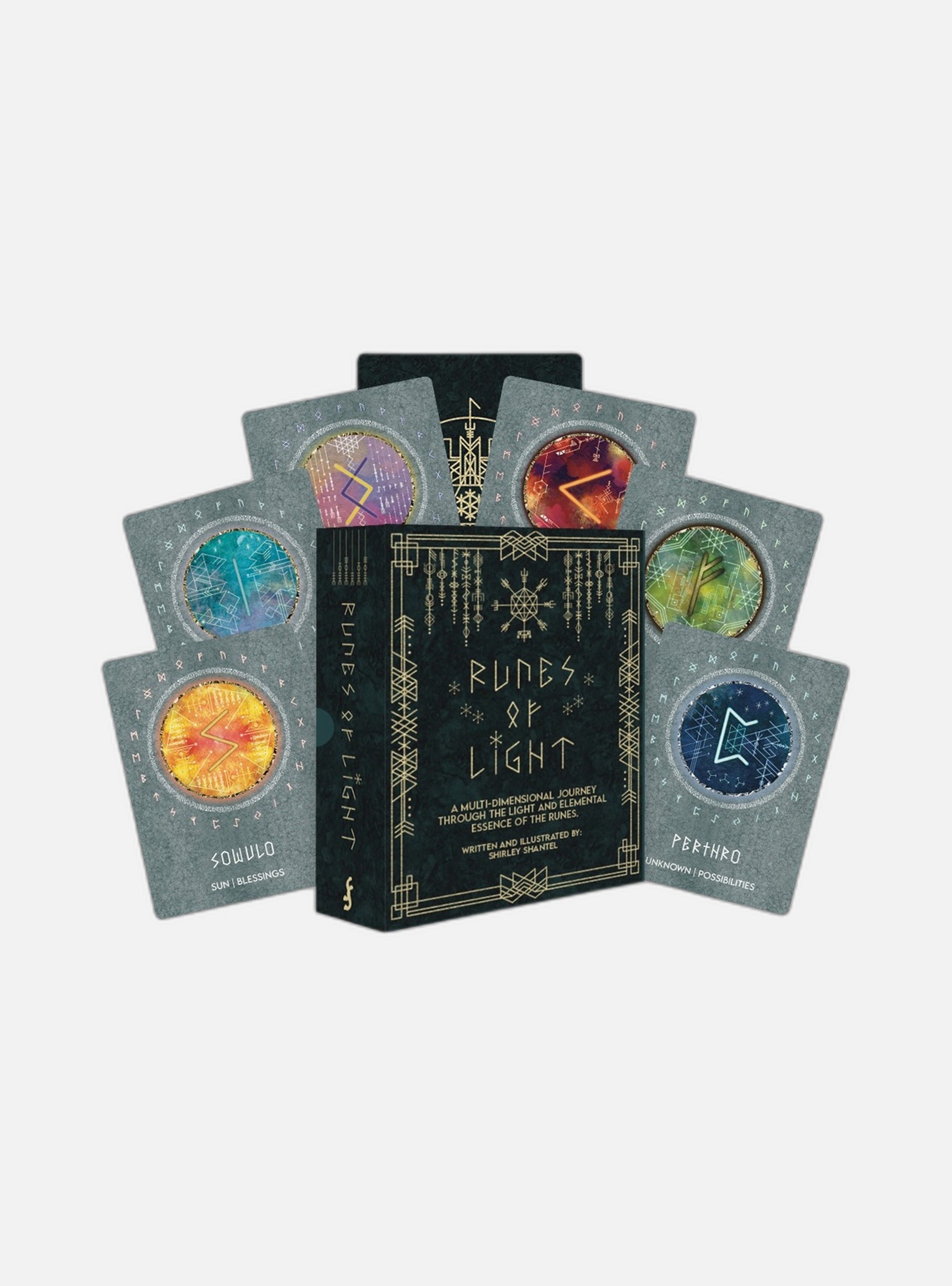 Runes of Light: A Multidimensional Journey Through the Light and Elemental Essence of the Runes (28 Full-Color Cards and 100-Page Full-Color Guidebook)